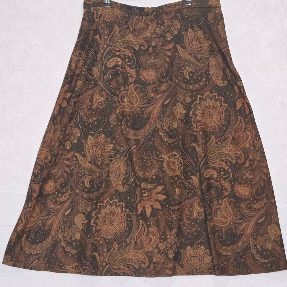 R&K Originals Paisley Midi Skirt Womens 16 Brown Tan Excellent A-Line Lined